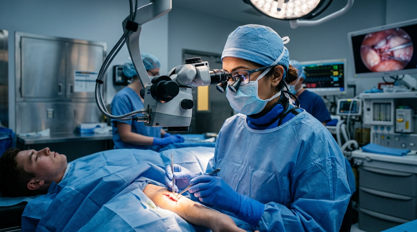 Specialist reconstructive surgeon operating in advanced microsurgical theatre